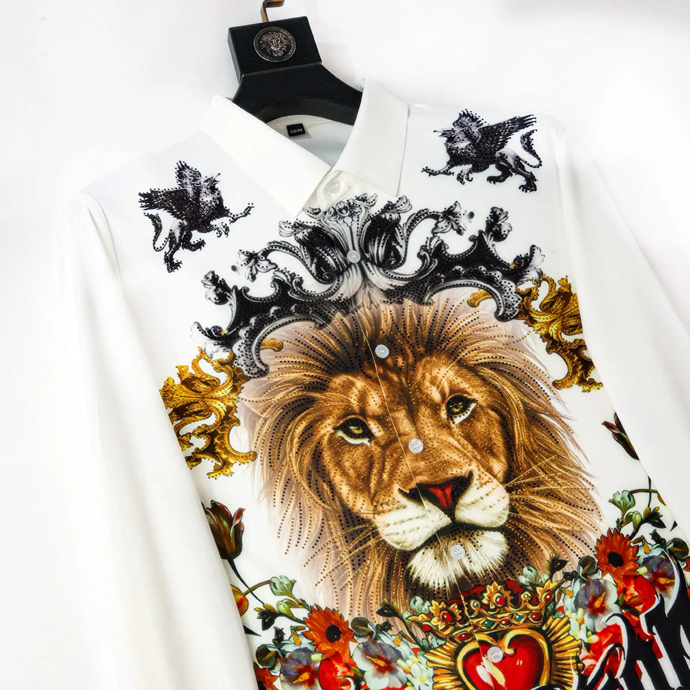 Men's rhinestone casual shirt, white with lion face print and ornate floral details
