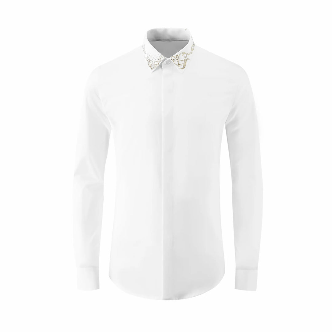 White men's cotton dress shirt, embroidered stand collar, button-down front, long sleeves.