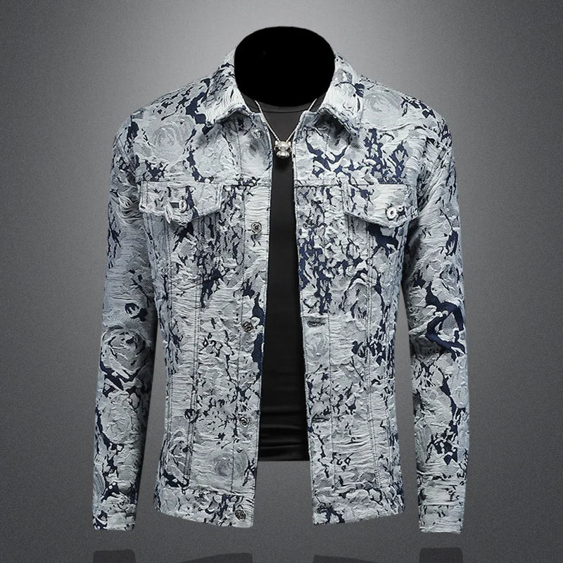 Men's abstract print jacket in light blue/white, button-front, chest pockets, stand collar