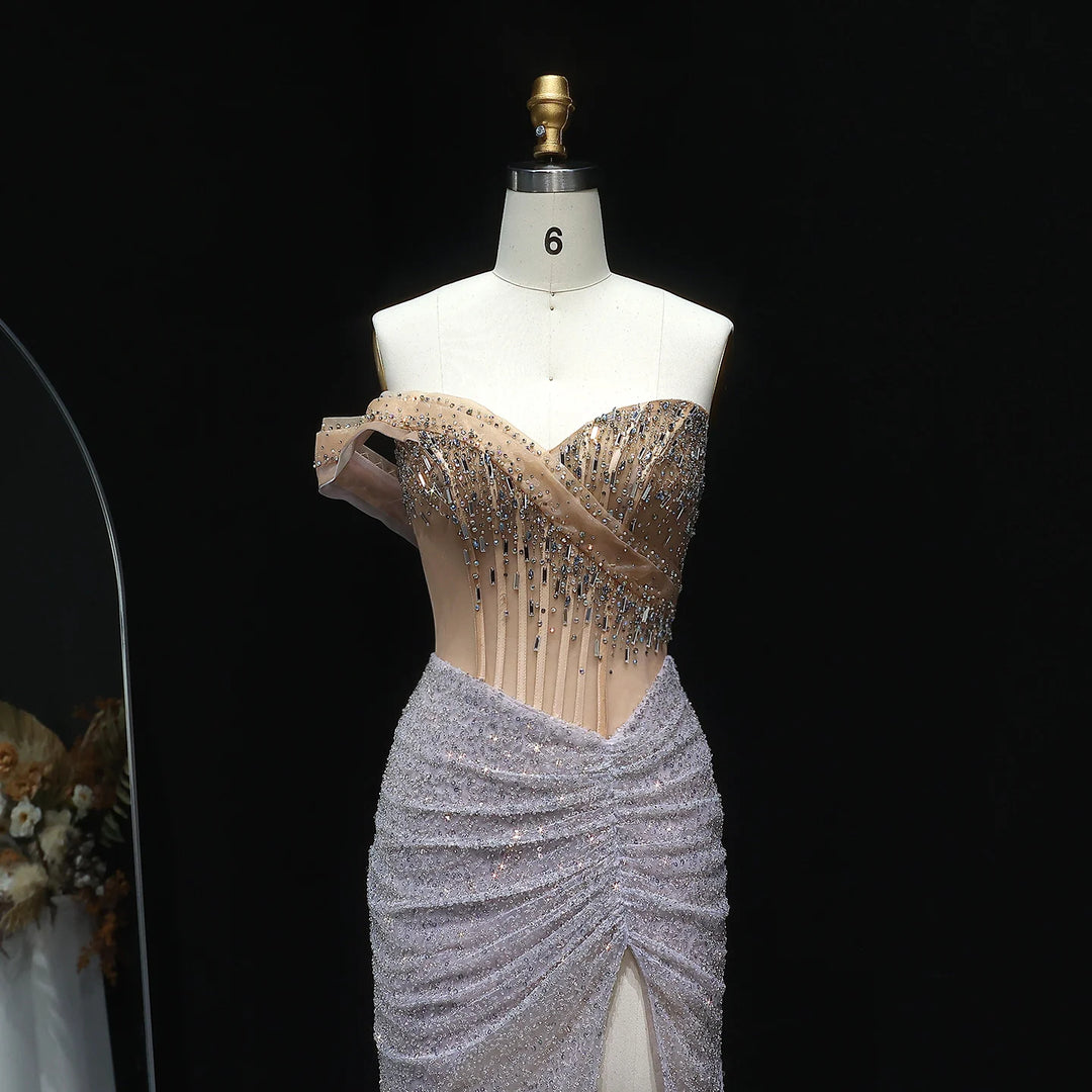 Luxury Crystal High Slit Prom Party Gown