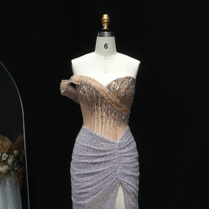 Luxury Crystal High Slit Prom Party Gown