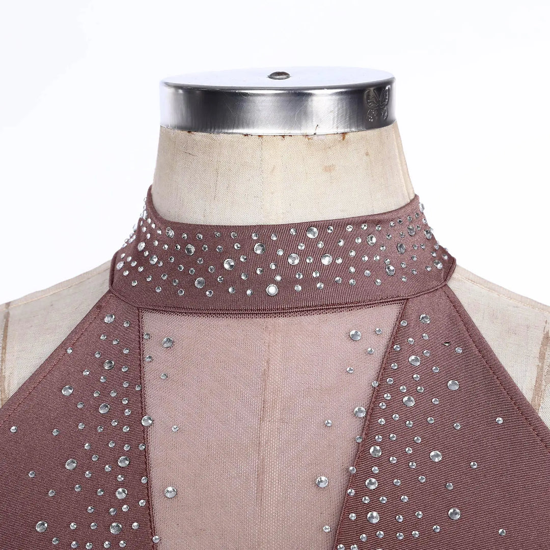 Burgundy rhinestone halter neckline with top mesh panel and silver studs