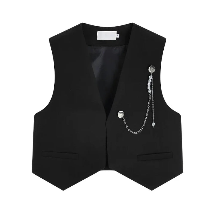 Black tailored women’s waistcoat with notched lapels and silver-tone chain detail