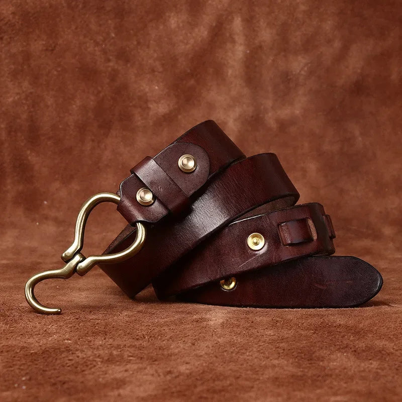 Dark brown leather belt with brass hook buckle, two keeper straps, and gold studs