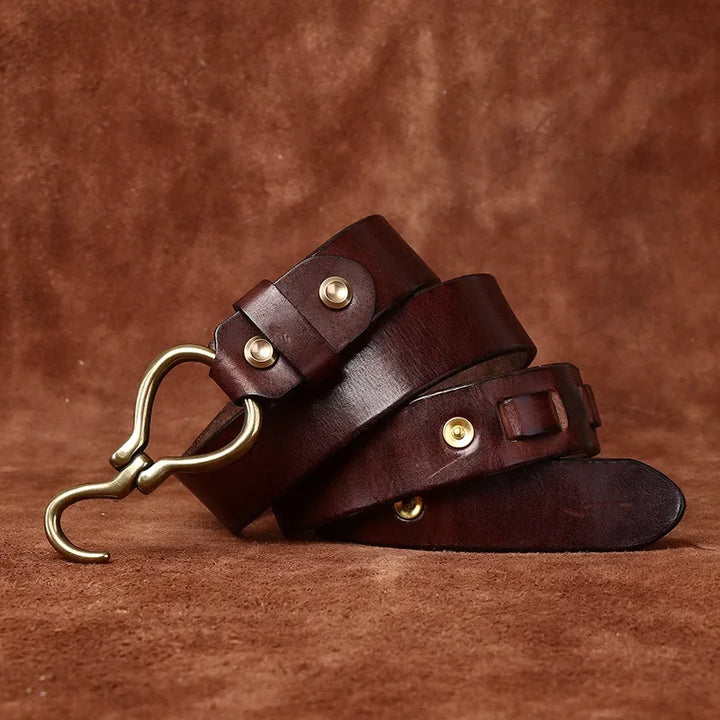 Dark brown leather belt with brass hook buckle, two keeper straps, and gold studs
