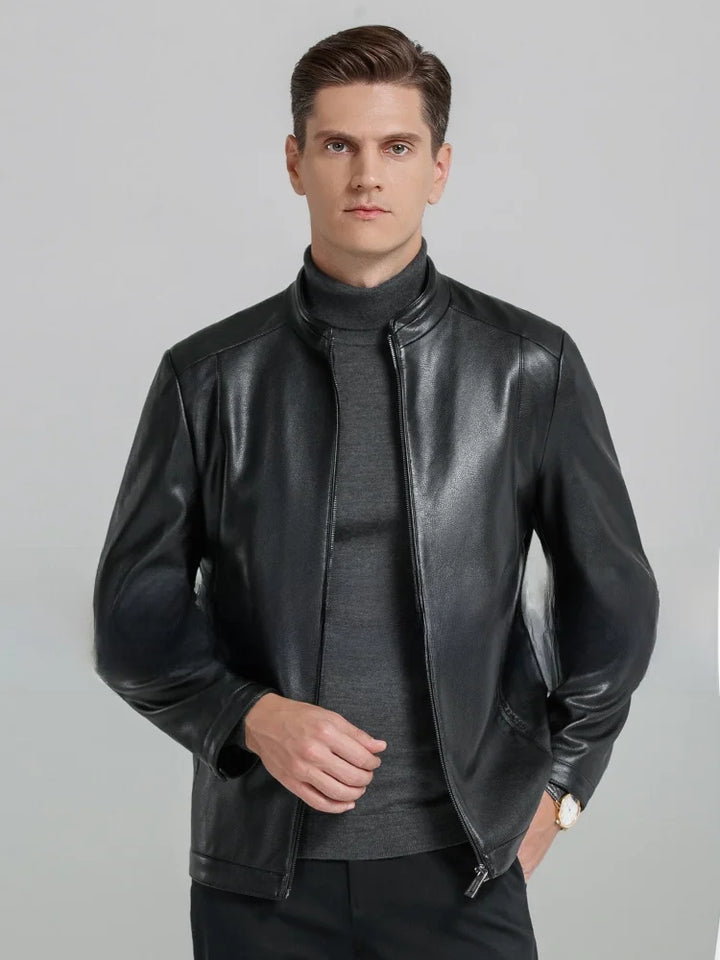 Black lightweight leather casual jacket with stand collar and front zip