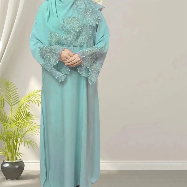 Floral Lace Modest Abaya Dress With Scarf