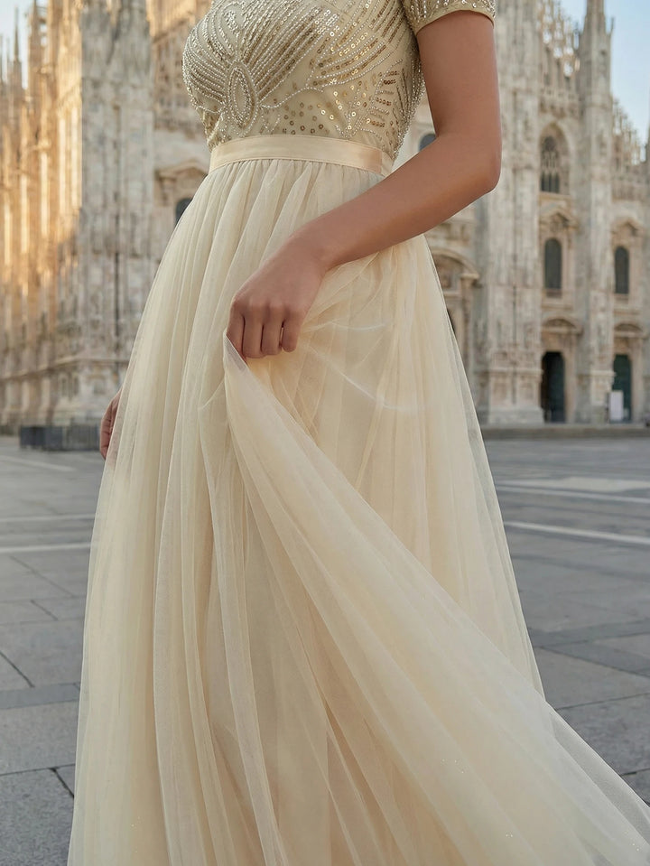 Exquisite Beaded Round Neck Prom Dress
