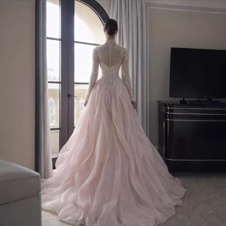 Modest High Neck Beaded Evening Gown
