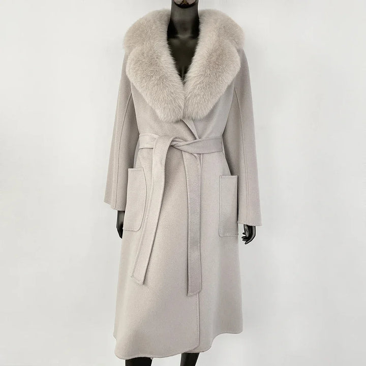 Elegant Natural Wool Fur Long Coat