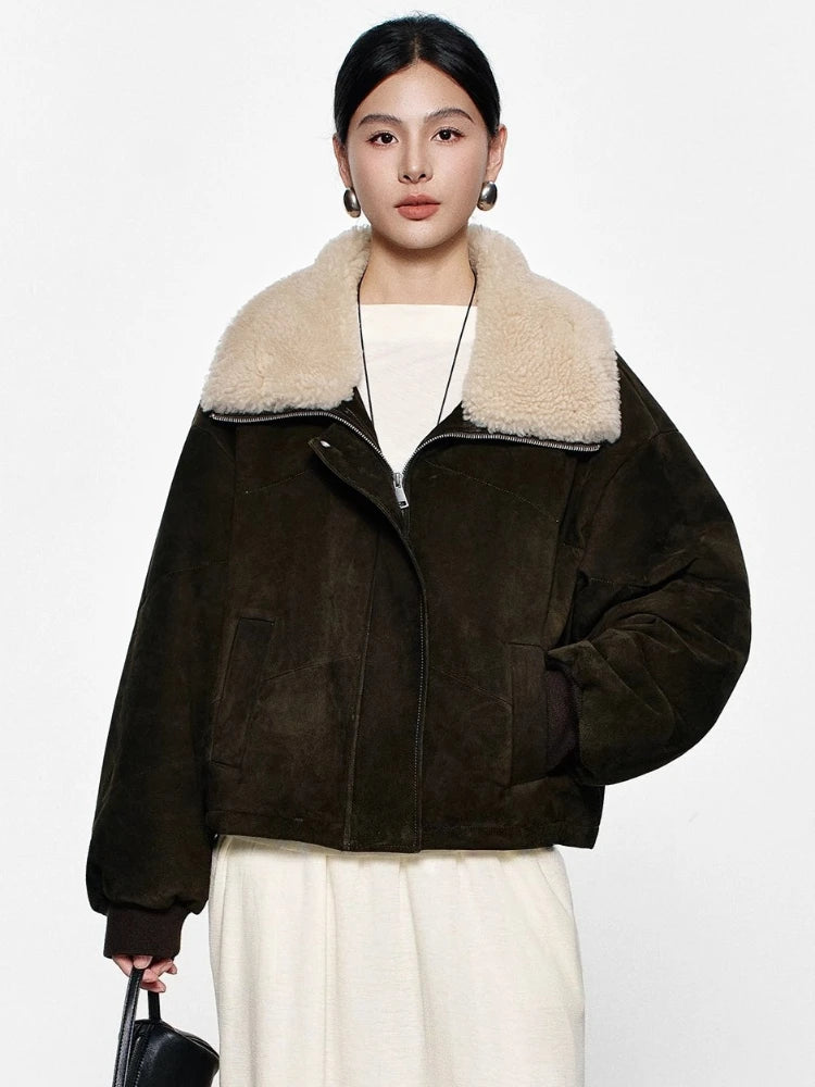 Dark olive suede cropped coat with cream shearling collar and zip front