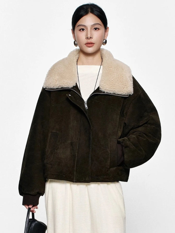 Dark olive suede cropped coat with cream shearling collar and zip front