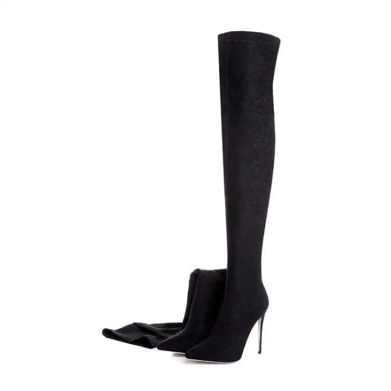 Black thigh-high stretch fabric boots with stiletto heel, folded cuff detail