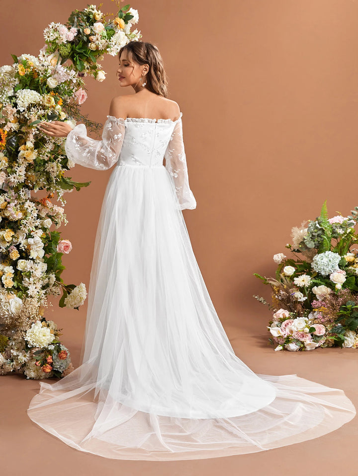 Light Mesh Sleeves Bridal Dress
