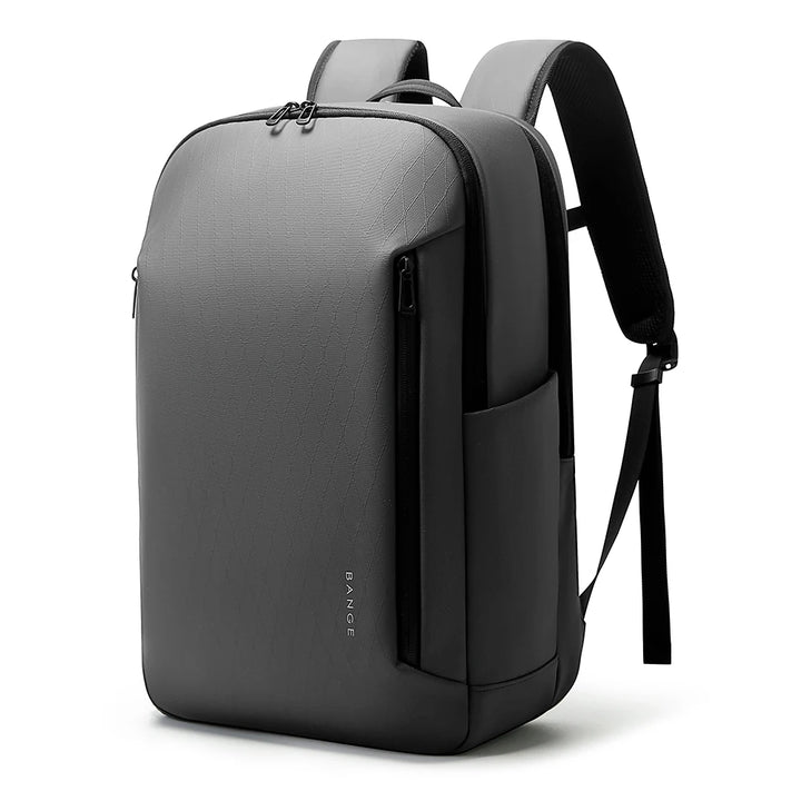 Gray textured business backpack with top handle, front zip pocket, and shoulder straps