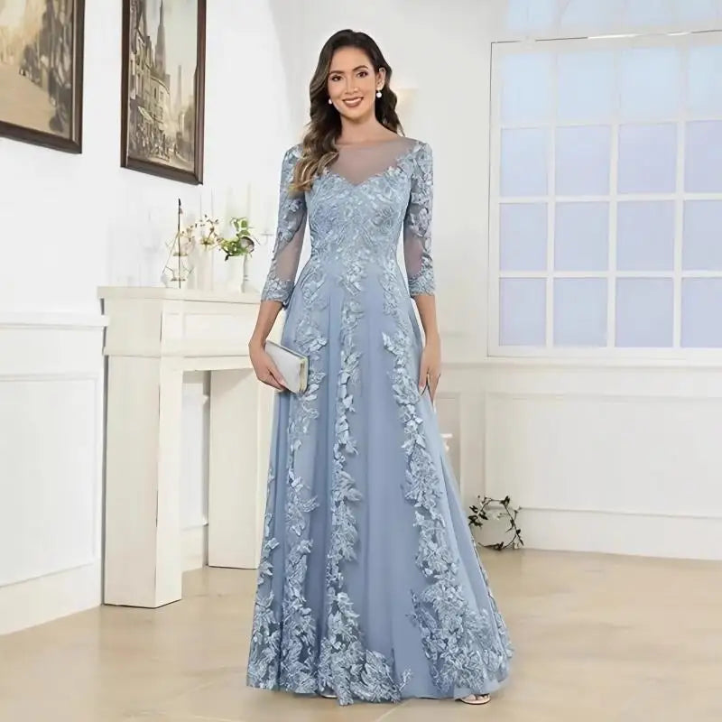 Light blue lace wedding gown, square neckline, 3/4 lace sleeves, full A-line skirt