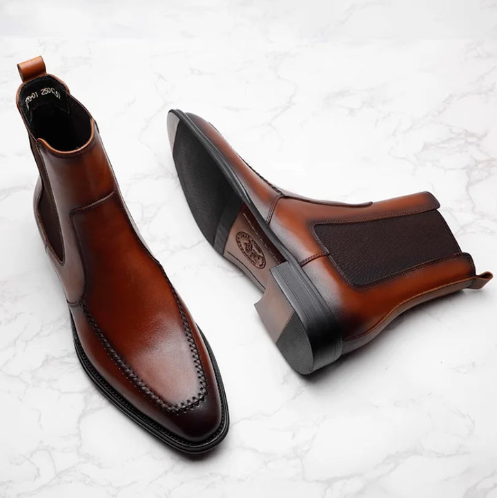 British Pointed Toe Cowhide Leather Chelsea Boots