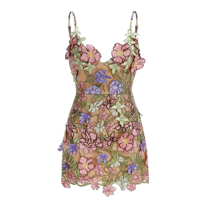 Pink floral embroidered mini gown with bow-trim straps and scalloped hem
