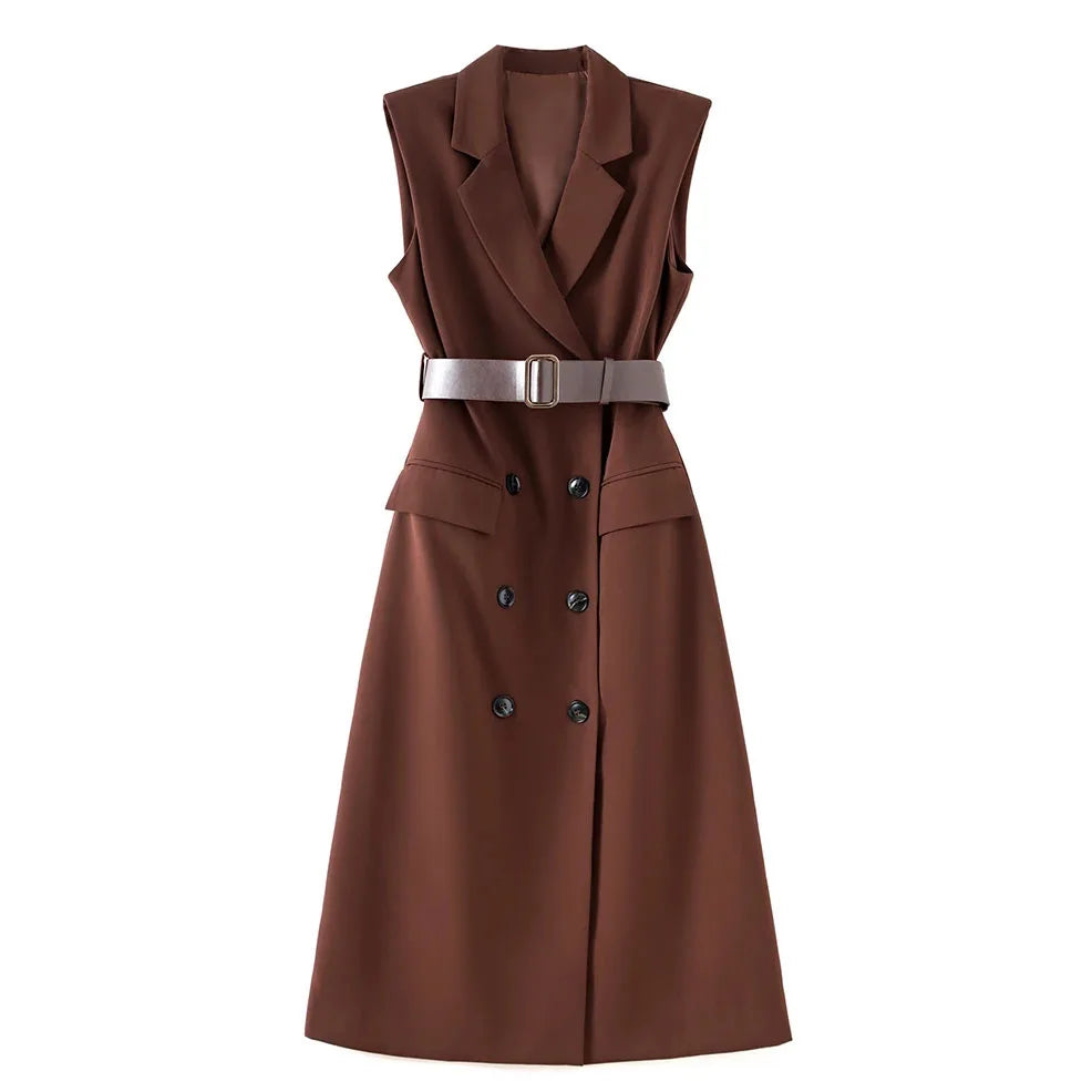 Brown sleeveless long suit vest dress with V-neck, button front, and waist belt