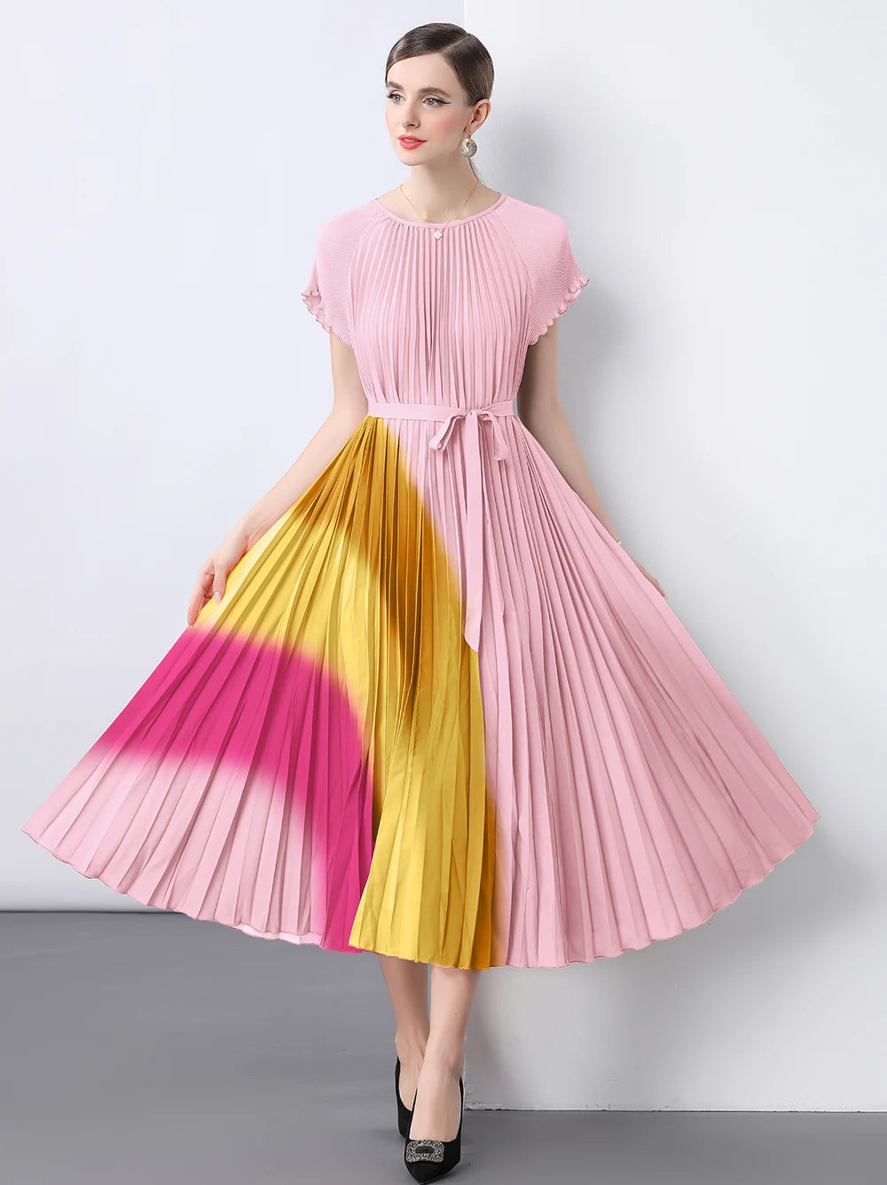 Vintage Striped Pleated Formal Dress