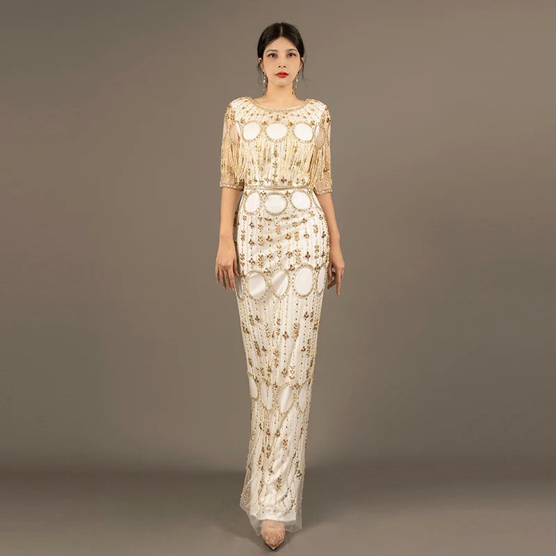 Experience The Gold Beaded Mermaid Evening Dress