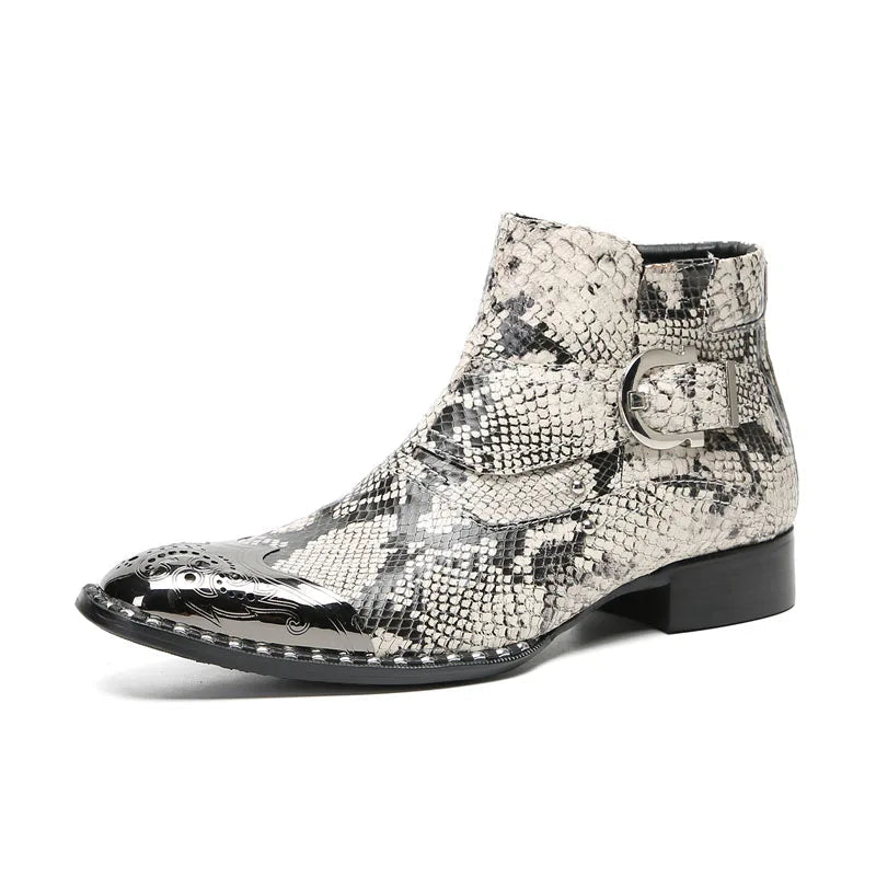 Snakeskin-patterned boot with a buckle on a white background, featuring the brand &