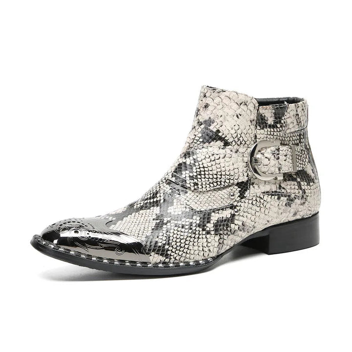 Snakeskin-patterned boot with a buckle on a white background, featuring the brand &