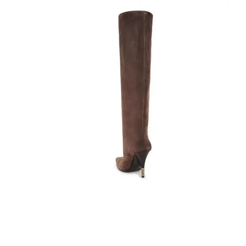 Brown faux suede knee-high boots, side view with stiletto heel
