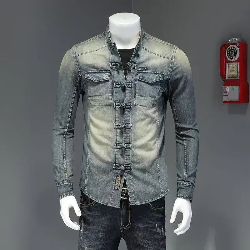 Men’s light blue denim button-up shirt with stand collar and two chest flap pockets
