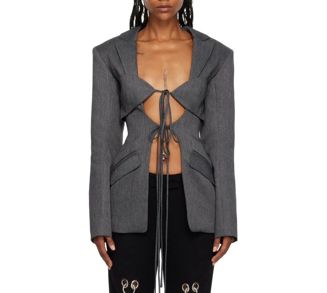 Gray blazer with lace-up open chest and tailored long sleeves