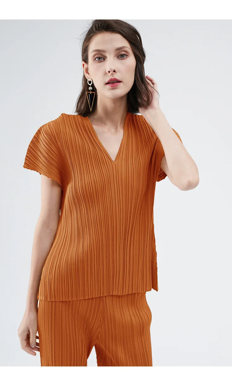 Small V-Neck Pleated Tops