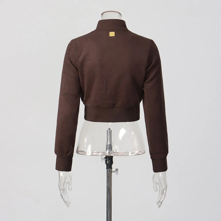 Coffee-brown two-piece tracksuit on mannequin: back view of zip jacket and joggers