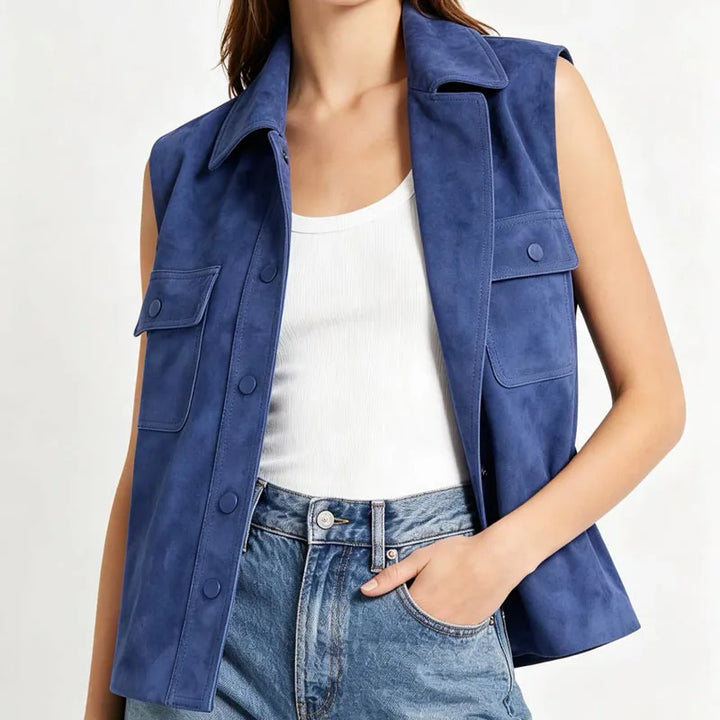 Prussian Blue suede leather waistcoat with flap pockets, snap front placket, open collar