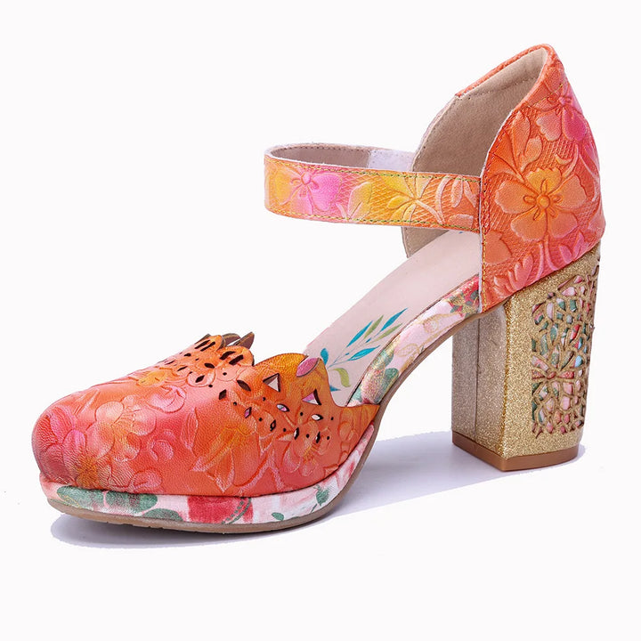 Floral leather women’s heeled sandal with ankle strap and textured chunky block heel
