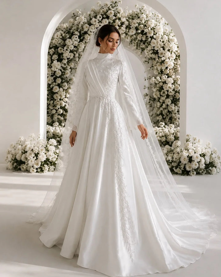 Alluring High Neck Appliqué Bridal Gown