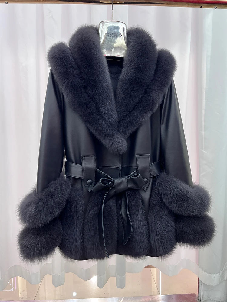 Black leather coat with dark faux-fur collar and cuffs, belted waist