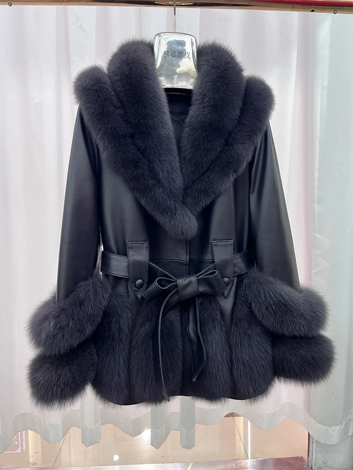 Black leather coat with dark faux-fur collar and cuffs, belted waist