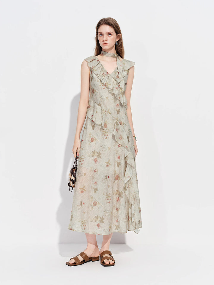Alluring Floral Flounce Hem Maxi Dress