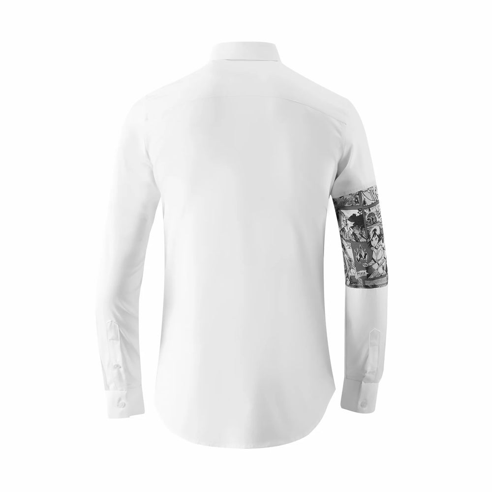 White slim fit men’s dress shirt with comic graphic patch on the right sleeve