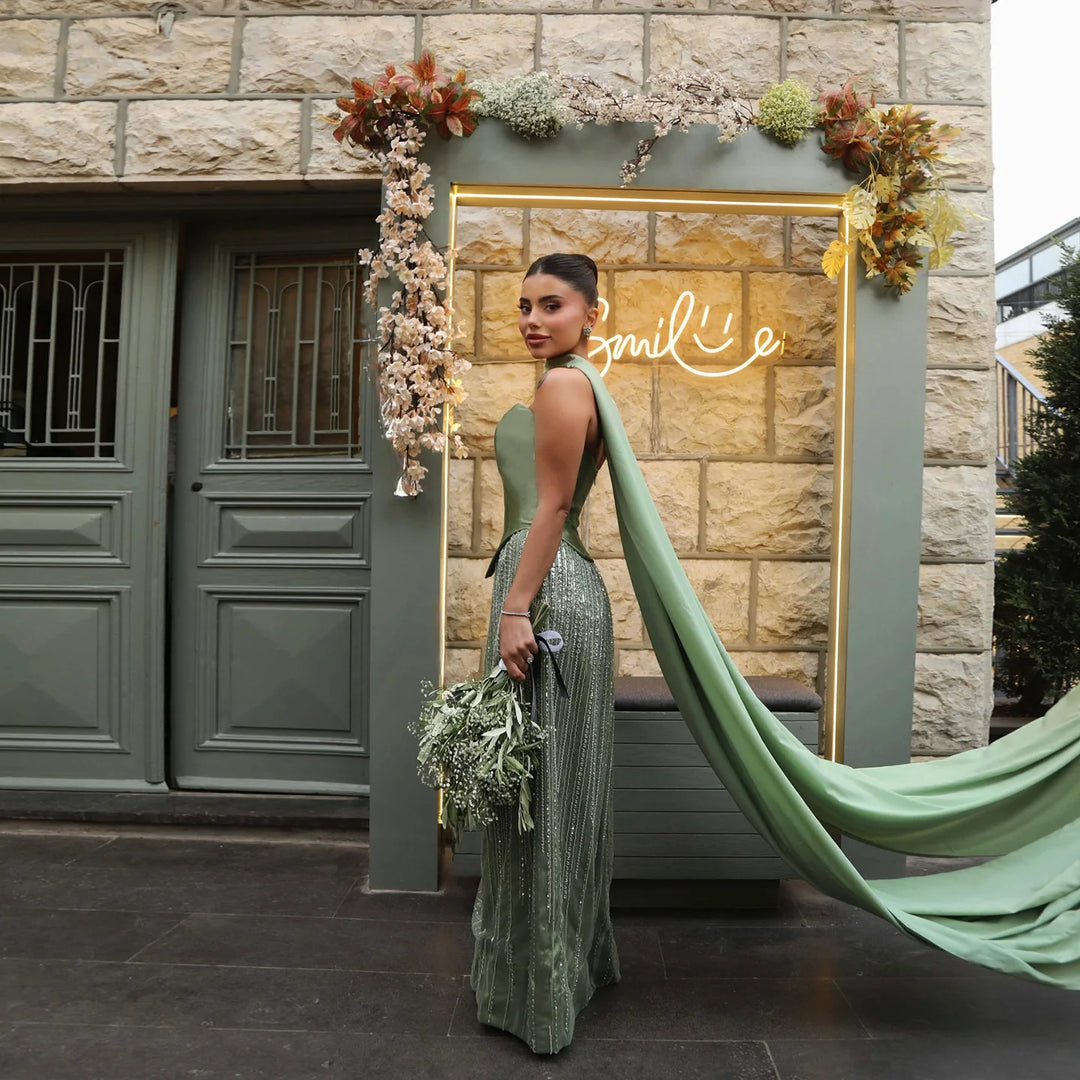 Radiant Sage Green Arabic Evening Dress