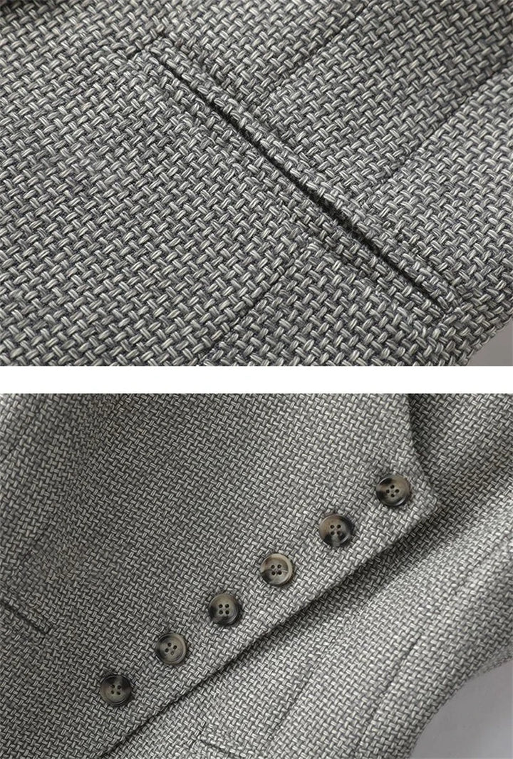 Grey woven waistcoat with diagonal seam detail and buttoned front