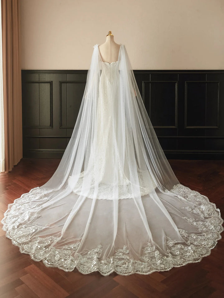 Luxury Appliques Long Train Drag Tulle Veil