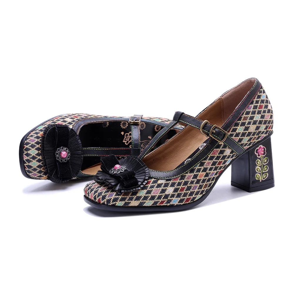 Women's plaid pumps with ankle strap, black bow applique, and floral block heel