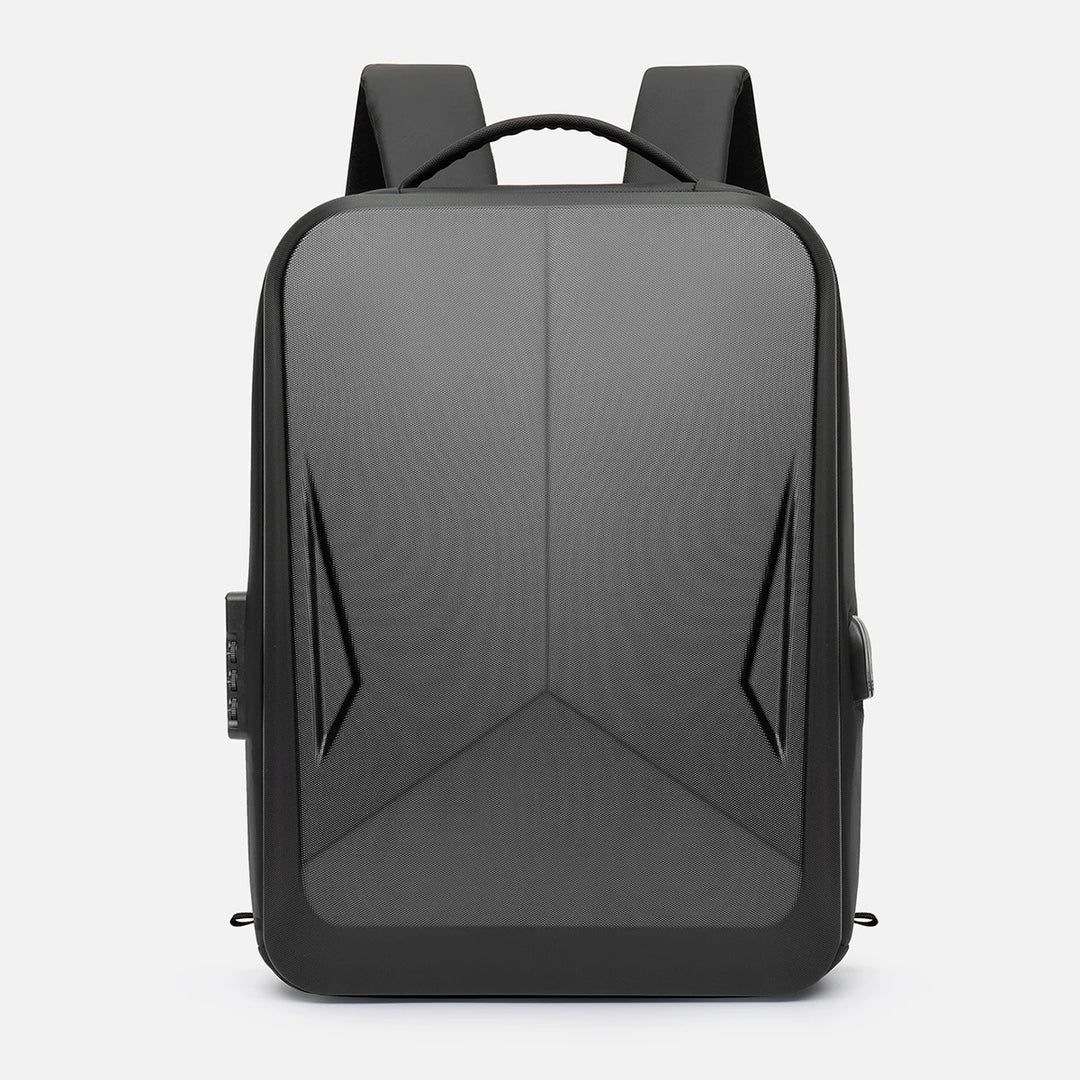 Hard shell expandable bag backpack, front view in black with side accent cutouts