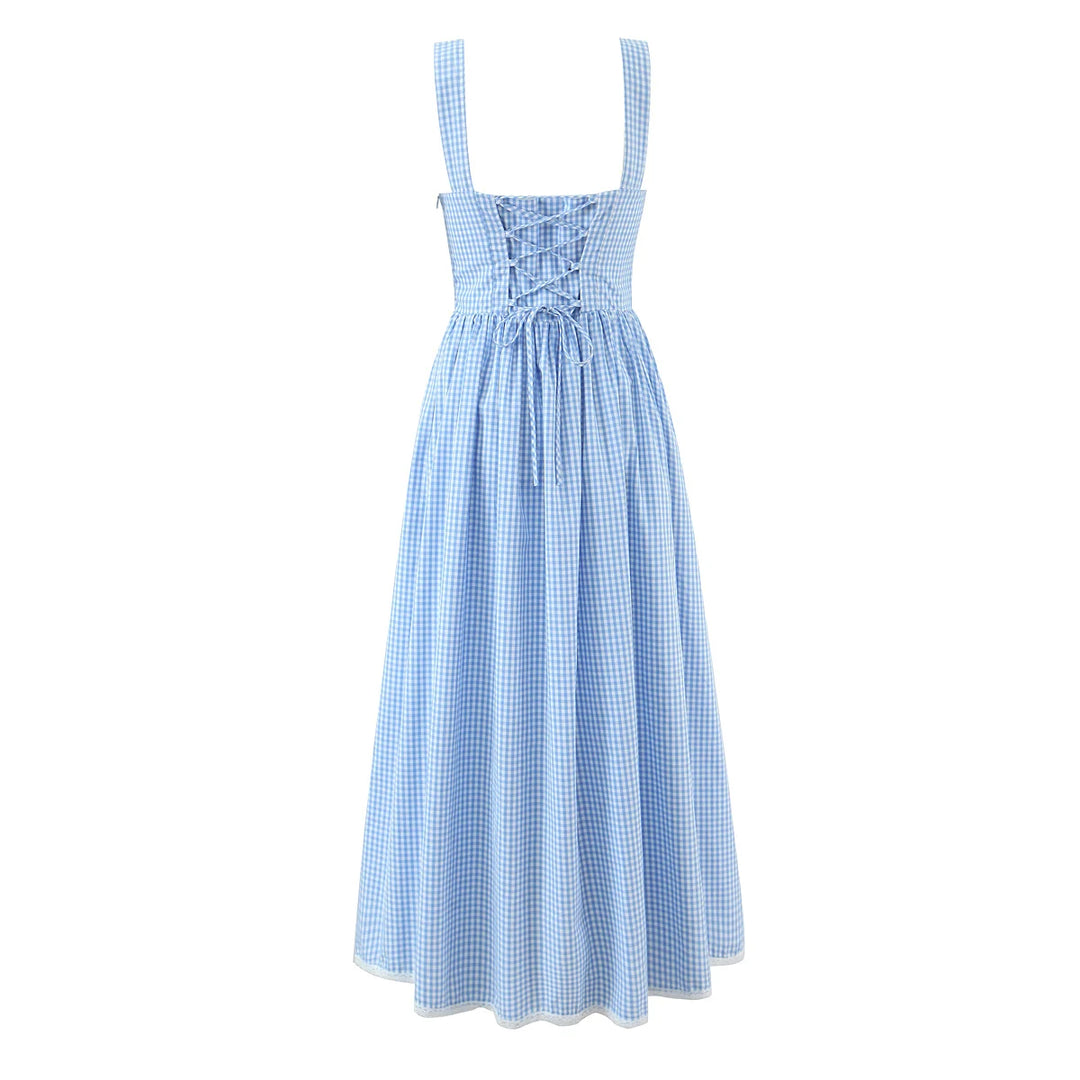 Blue gingham swing midi dress with gathered bodice and flared midi skirt