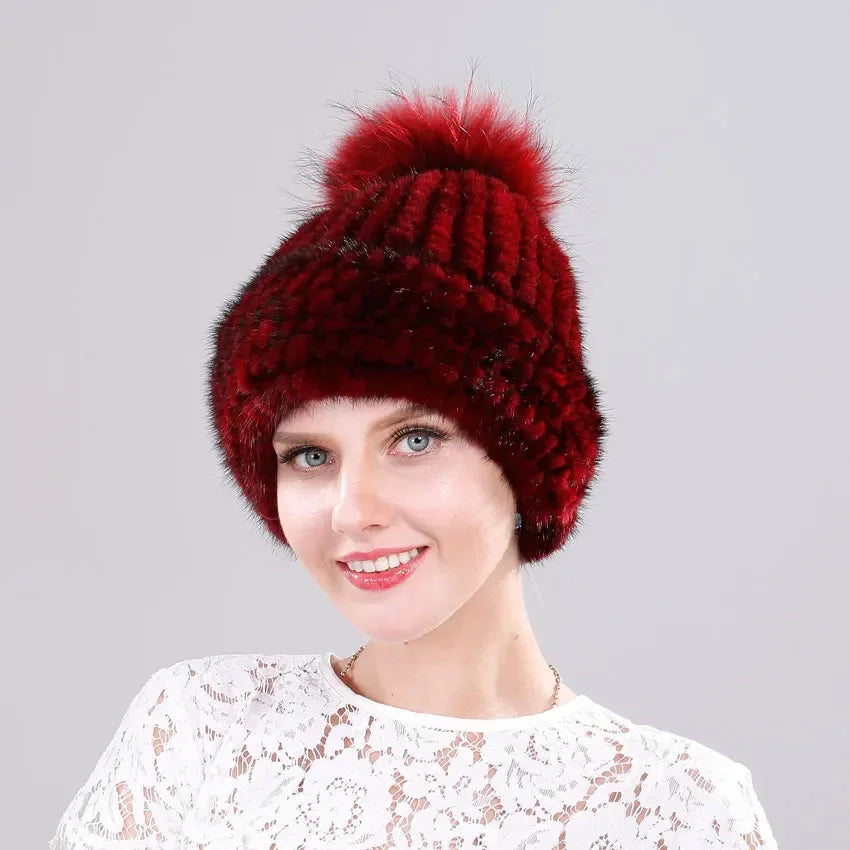 Luxury Fur Pompom Knitted Beanie Cap