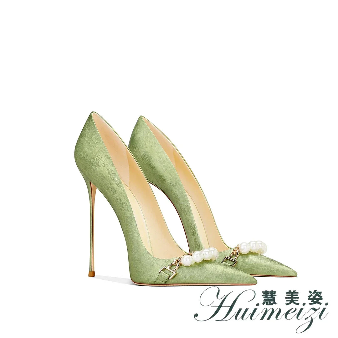 Beautiful Grass Green Satin High Heels