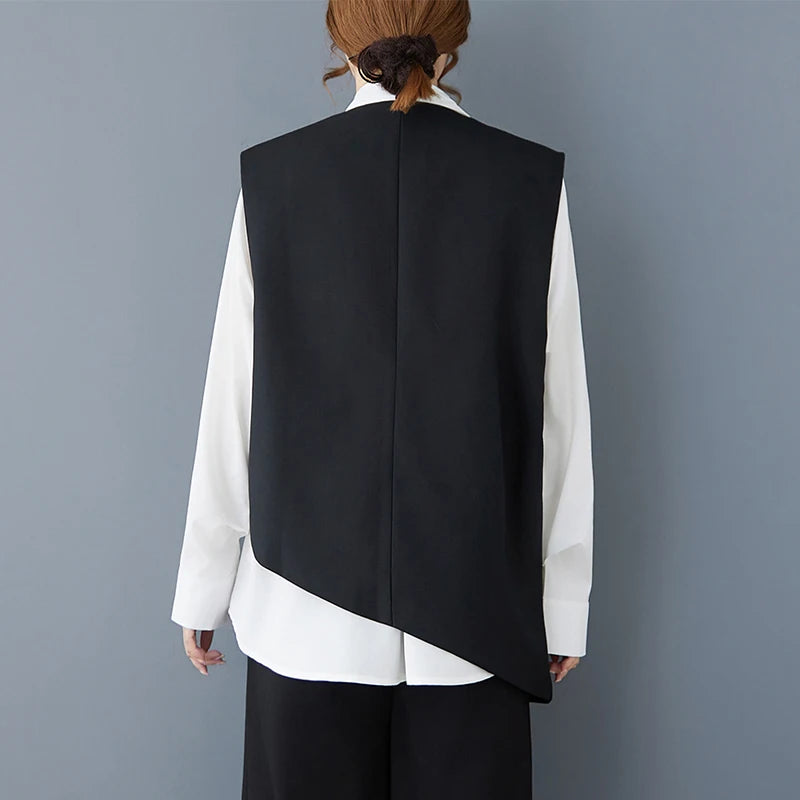 Black sleeveless waistcoat back view with smooth panel and centered seam detail.