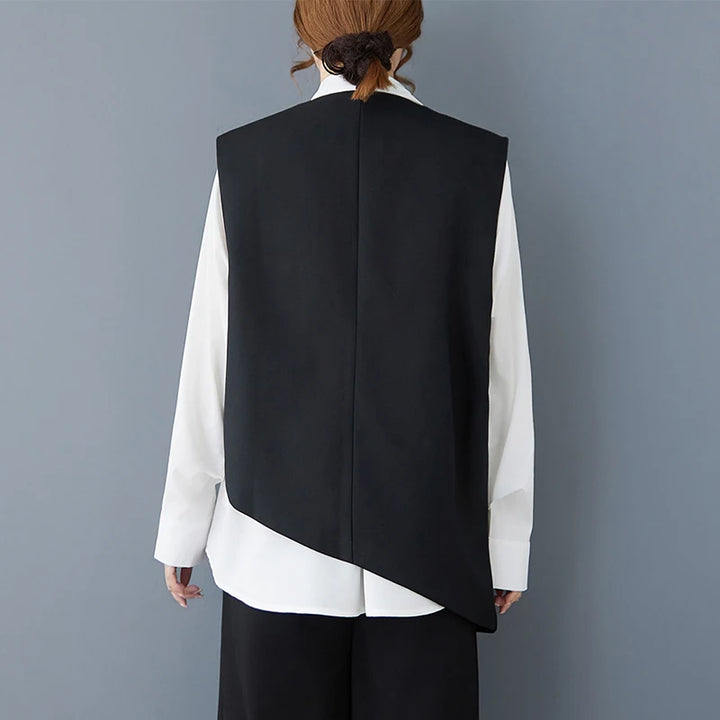 Black sleeveless waistcoat back view with smooth panel and centered seam detail.