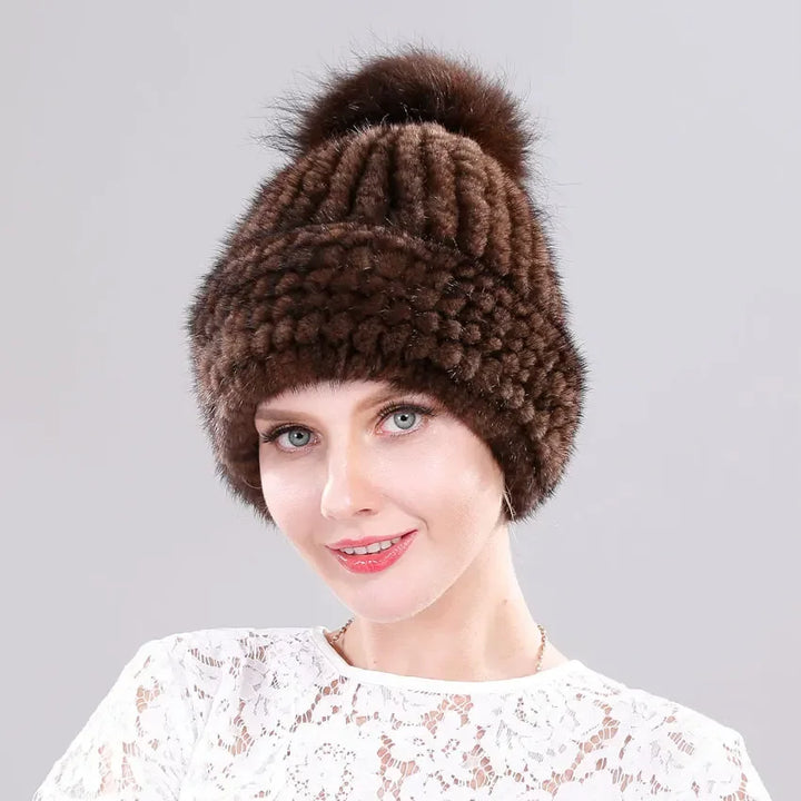 Luxury Fur Pompom Knitted Beanie Cap